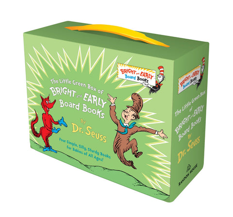 Petit coffret vert de livres cartonnés « Bright and Early » : *Fox in Socks* ; *Mr. Brown Can Moo! Can You?* ; *There’s a Wocket in My Pocket!* ; *Dr. Seuss’s ABC*