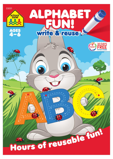School Zone - Alphabet Fun! Write & Reuse Workbook - Ages 4 to 6, Preschool to Kindergarten, Tracing, Printing, Letters, Sounds, Phonics, Wipe Clean (School Zone Write & Reuse Workbook)