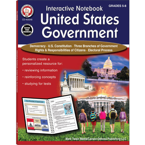 Cahier interactif d'études sociales Mark Twain sur le gouvernement des États-Unis, niveaux 5 à 8, couvrant la démocratie, la Constitution, les trois branches du gouvernement américain, et plus encore