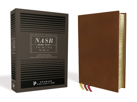 NASB, Bible fine, Cuir de chèvre premium, Marron, Collection Premier, Lettres noires, Tranches gaufrées, Texte de 2020, Impression Confort