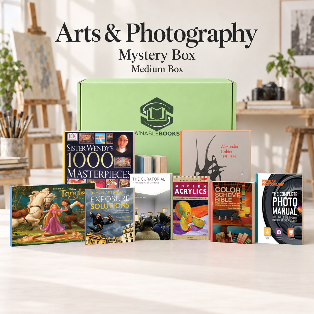 Arts & Photography medium mystery box with example books. Titles and quantities vary.