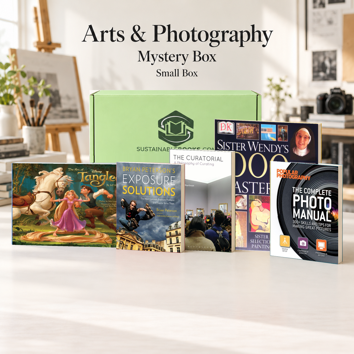 Arts & Photography small mystery box with example books. Titles and quantities vary.