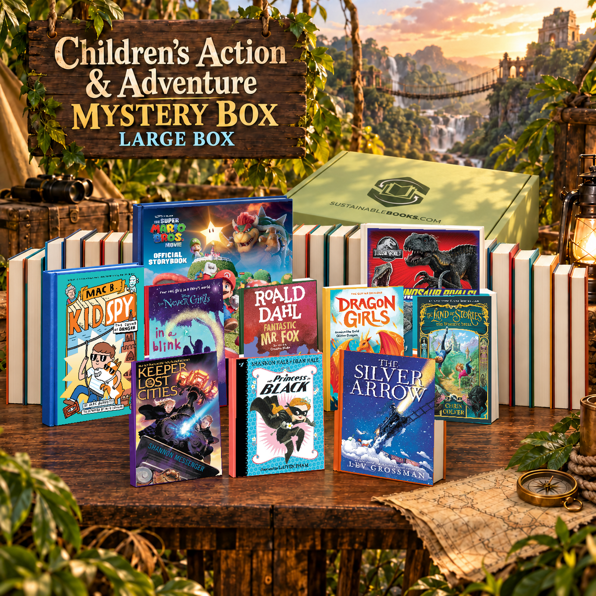 Children’s Action & Adventure large mystery box with example books. Titles and quantities vary.
