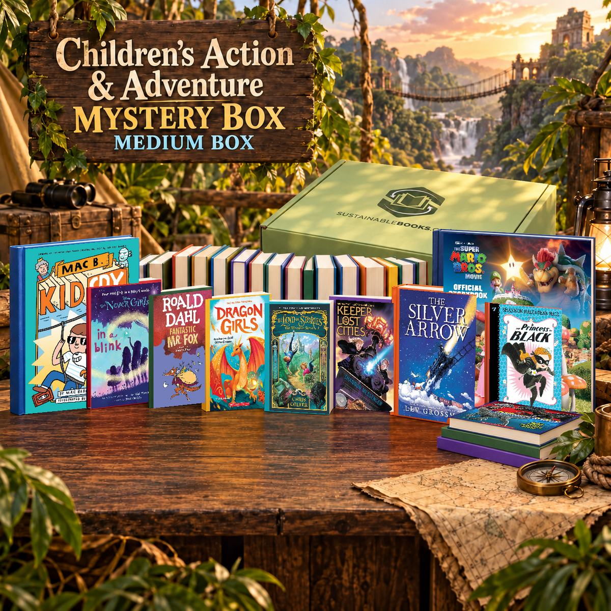 Children’s Action & Adventure medium mystery box with example books. Titles and quantities vary.