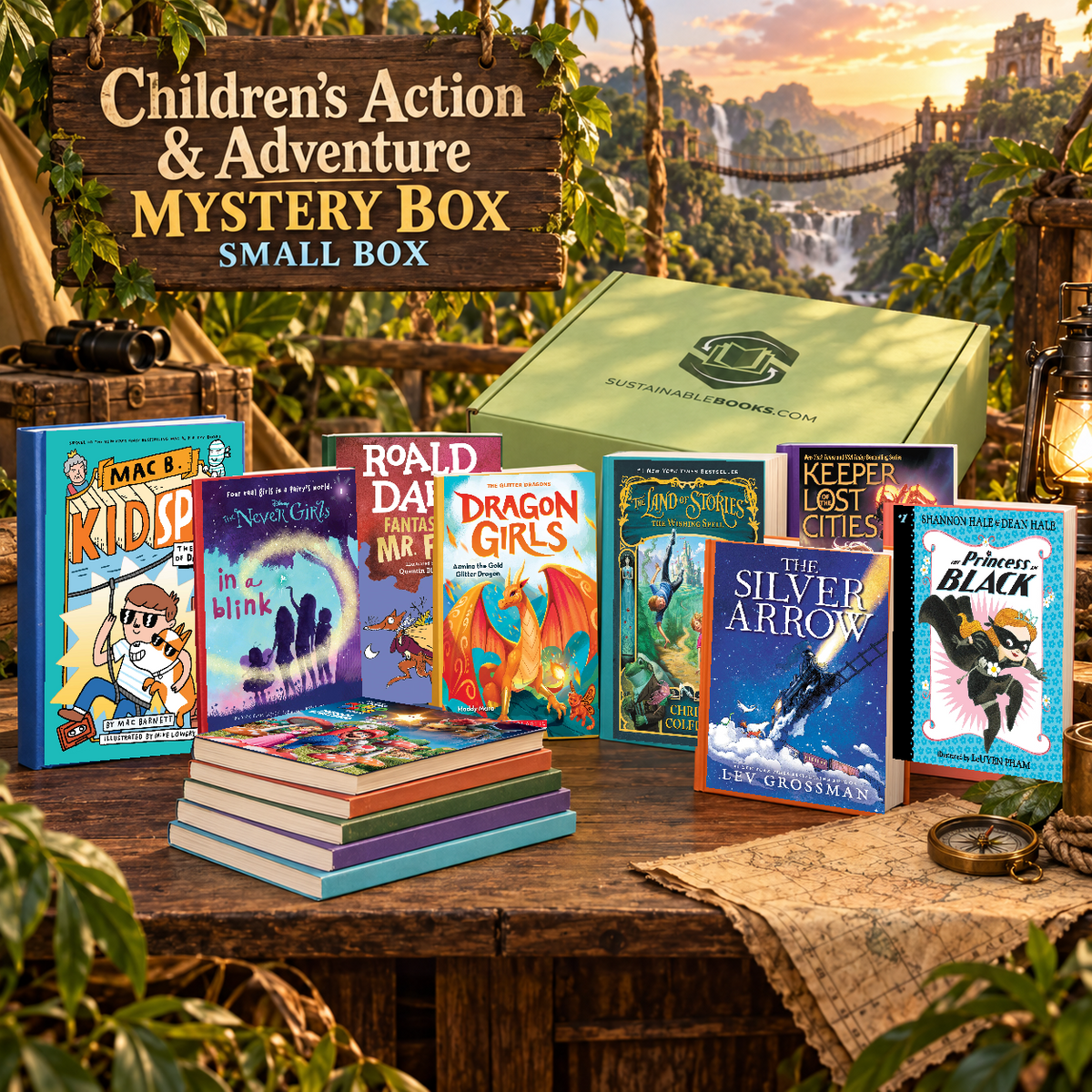 Children’s Action & Adventure small mystery box with example books. Titles and quantities vary.