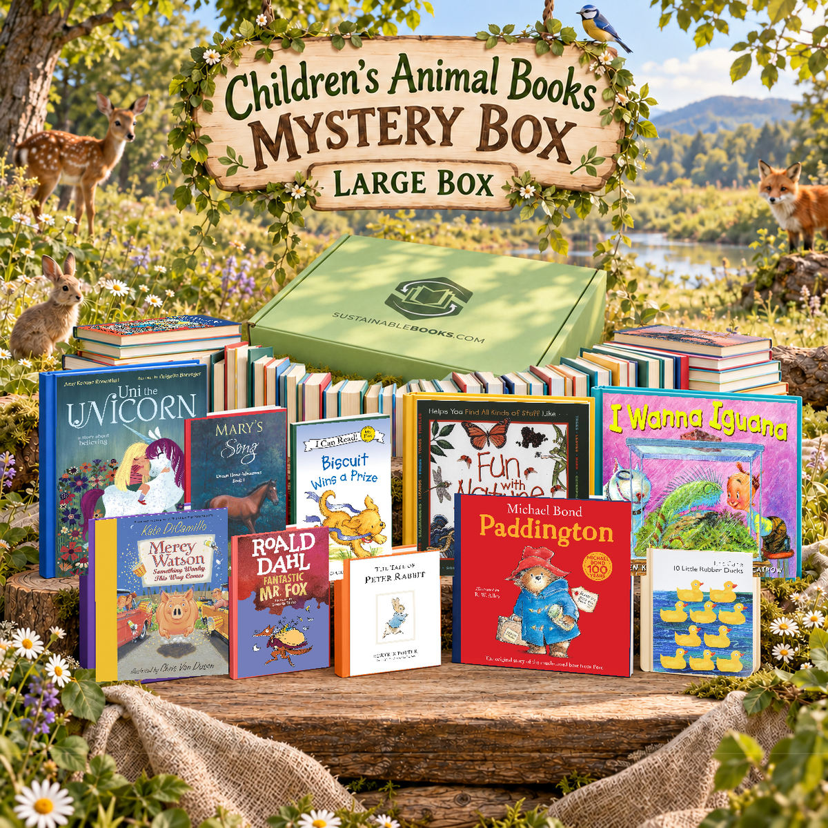Children’s Animal Books large mystery box with example books. Titles and quantities vary.