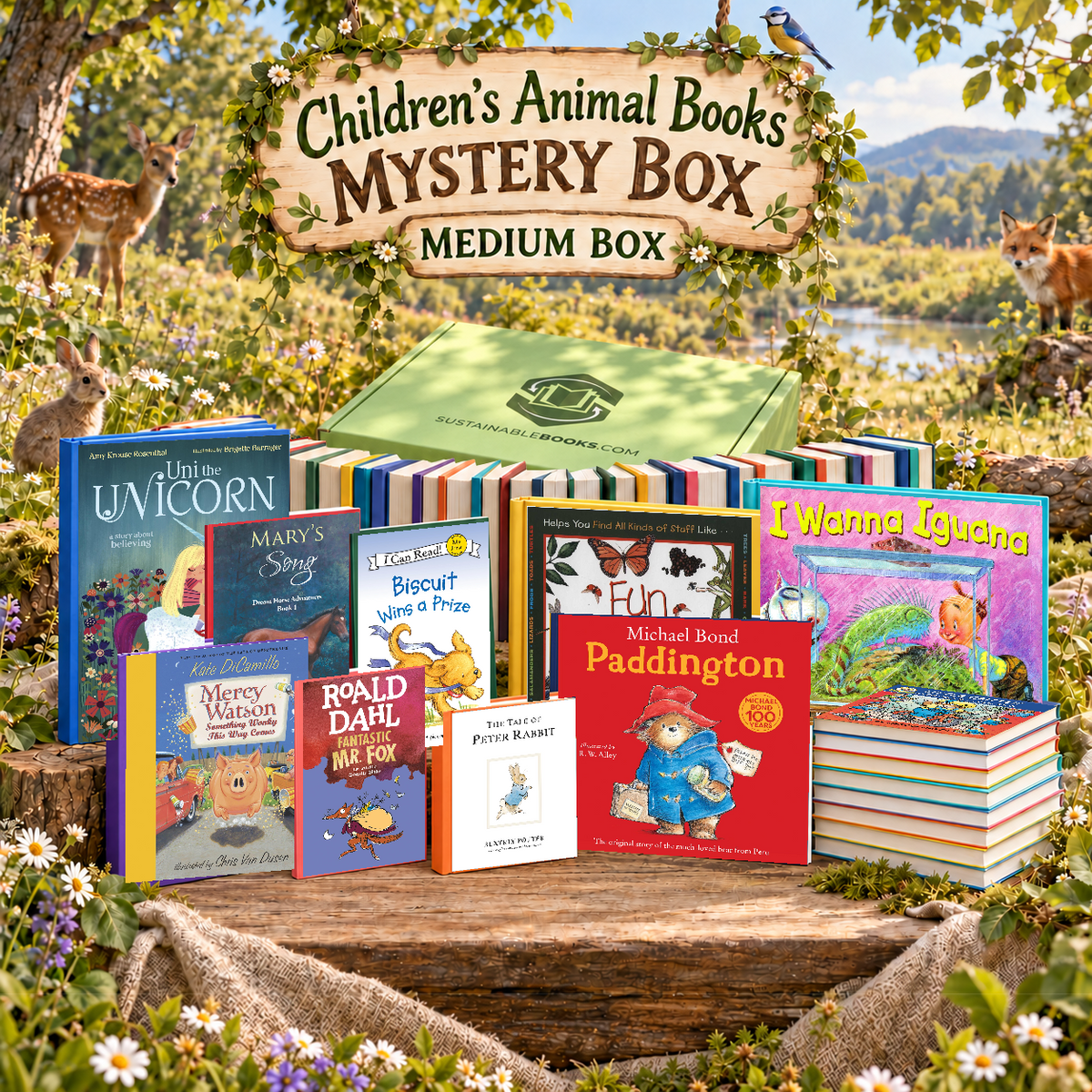 Children’s Animal Books medium mystery box with example books. Titles and quantities vary.