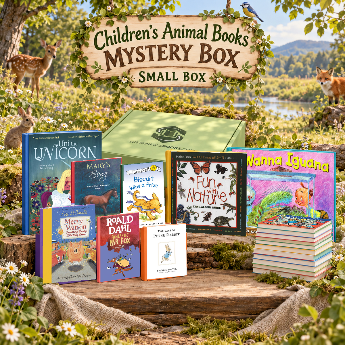 Children’s Animal Books small mystery box with example books. Titles and quantities vary.