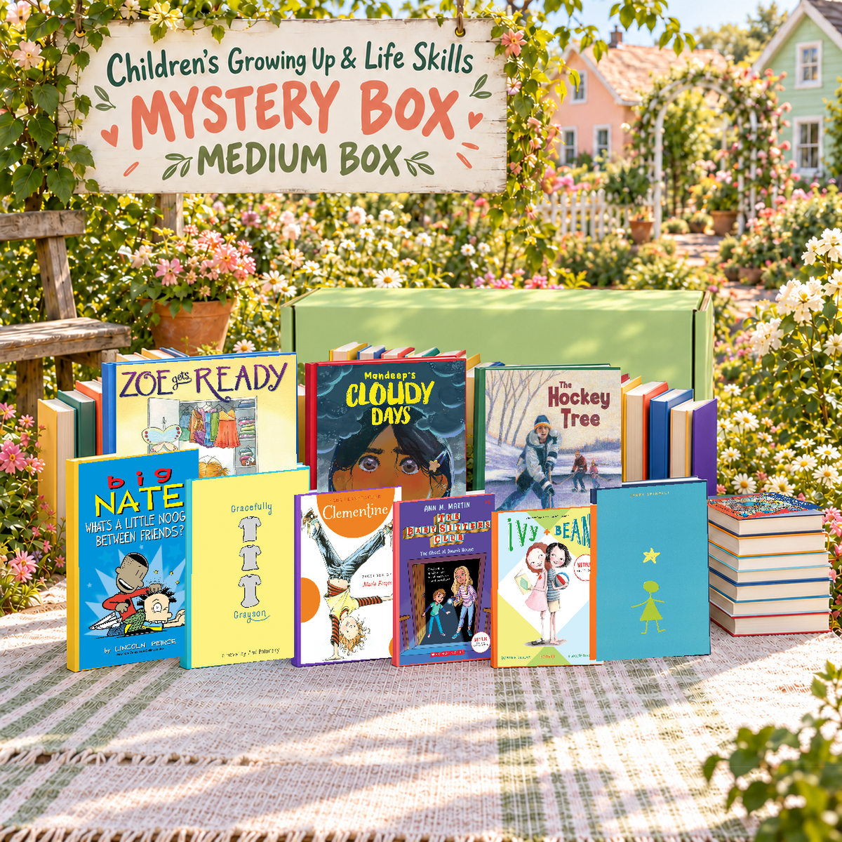 Children's Growing Up & Life Skills medium mystery box with example books. Titles and quantities vary.