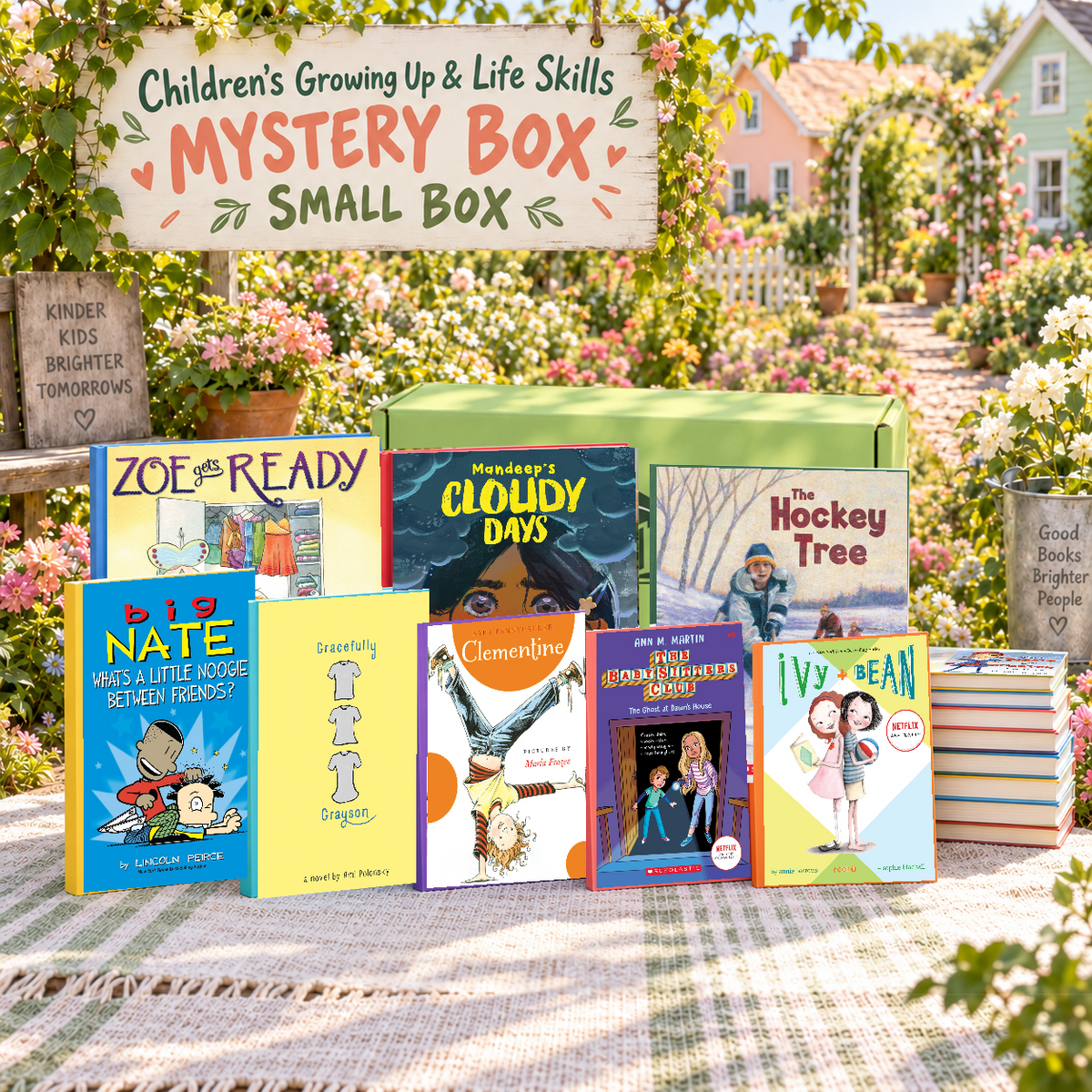 Children's Growing Up & Life Skills small mystery box with example books. Titles and quantities vary.