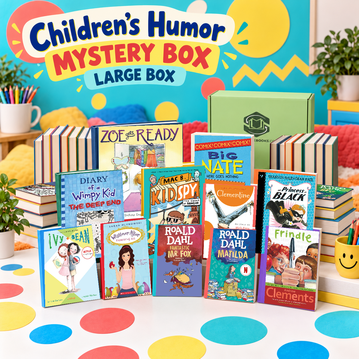 Children’s Humor large mystery box with example books. Titles and quantities vary.