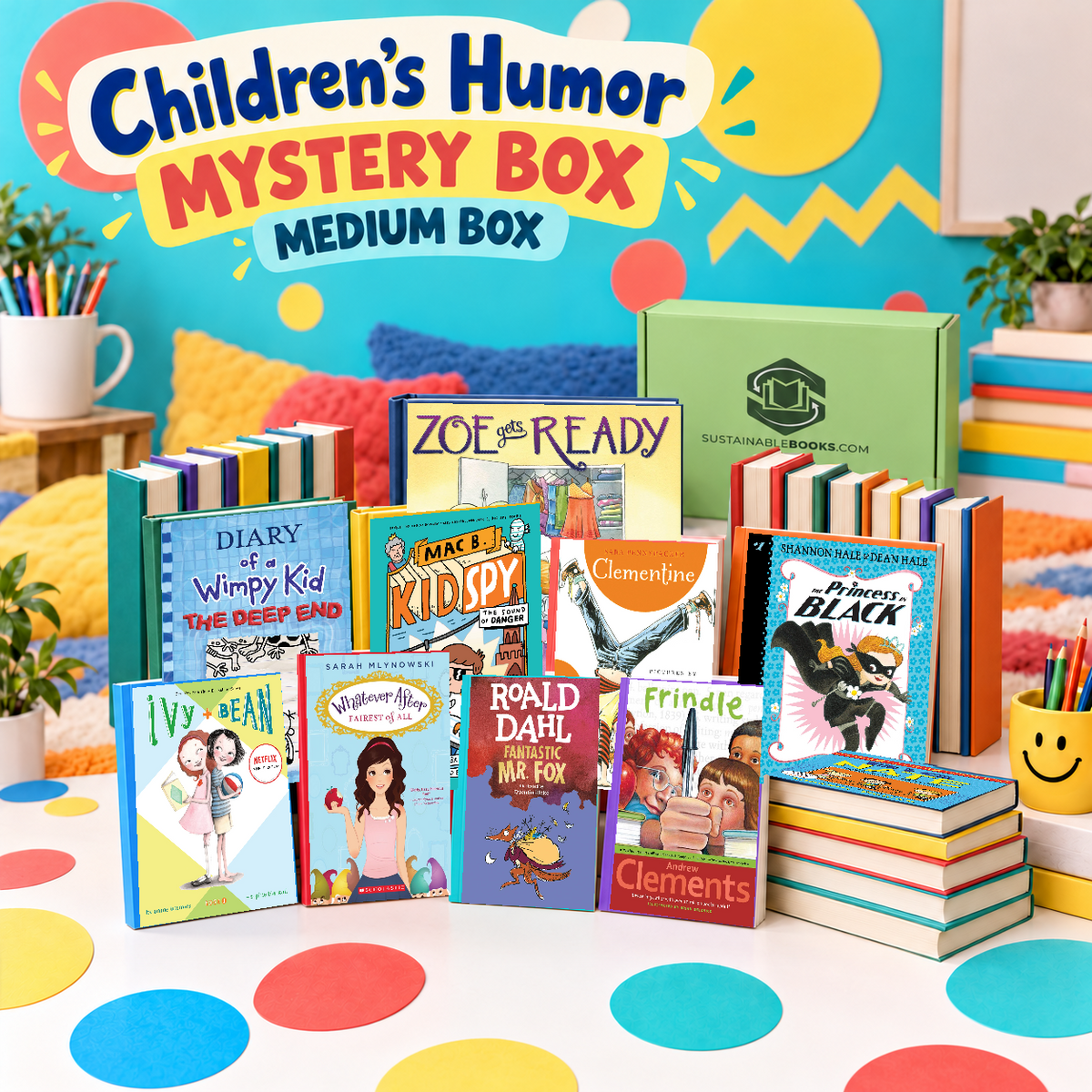 Children’s Humor medium mystery box with example books. Titles and quantities vary.