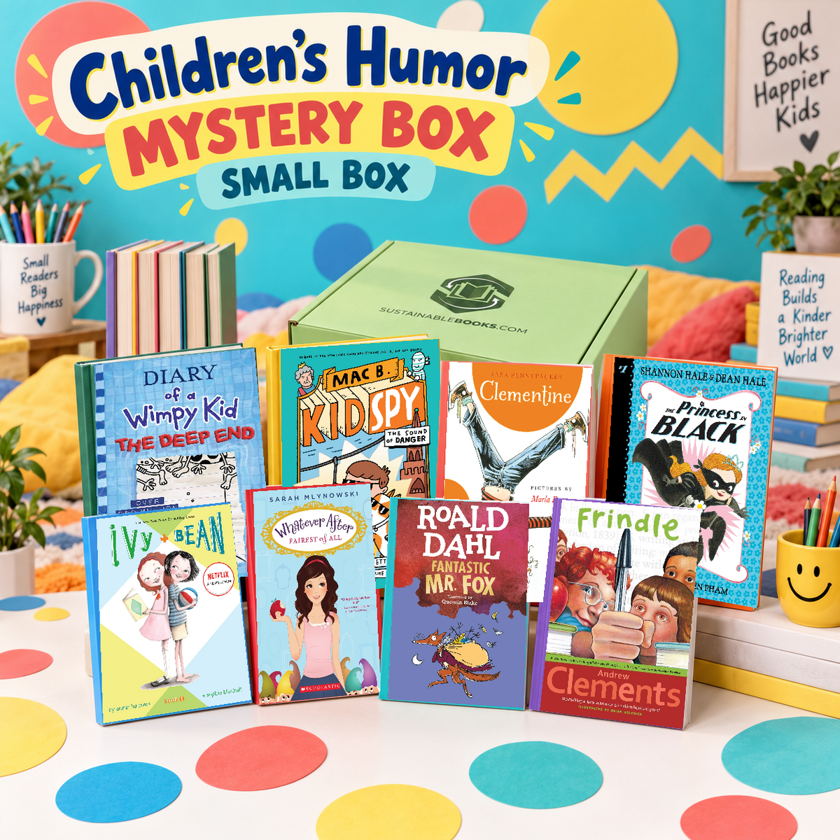 Children’s Humor small mystery box with example books. Titles and quantities vary.