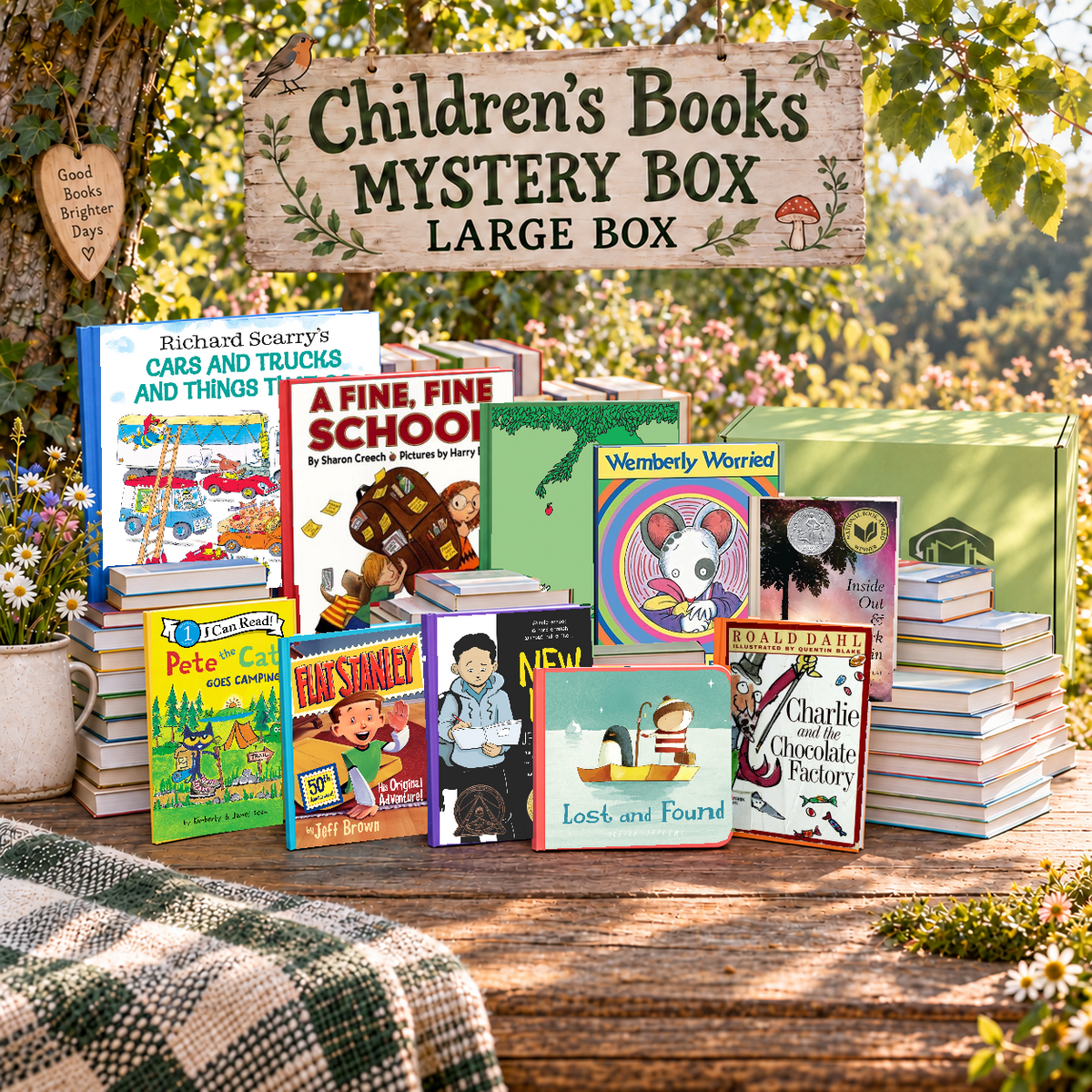 Children's Books large mystery box with example books. Titles and quantities vary.