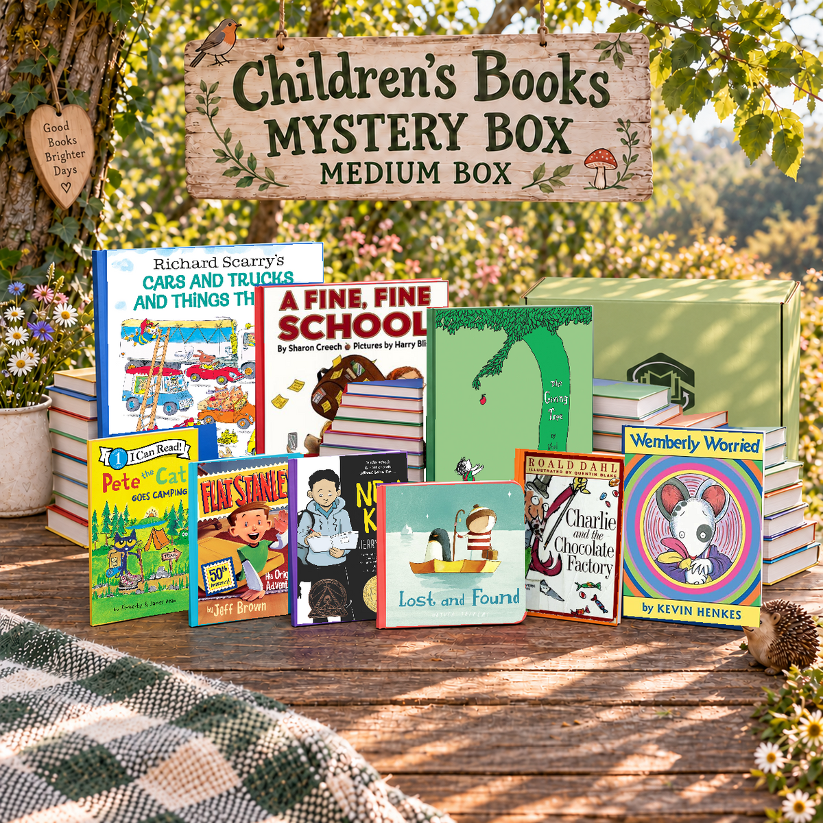 Children's Books medium mystery box with example books. Titles and quantities vary.