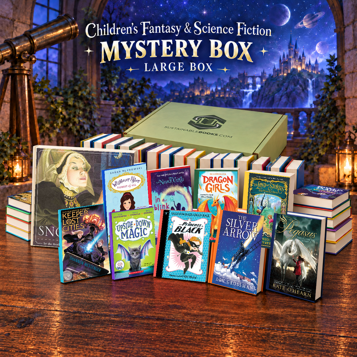 Children’s Fantasy & Science Fiction large mystery box with example books. Titles and quantities vary.