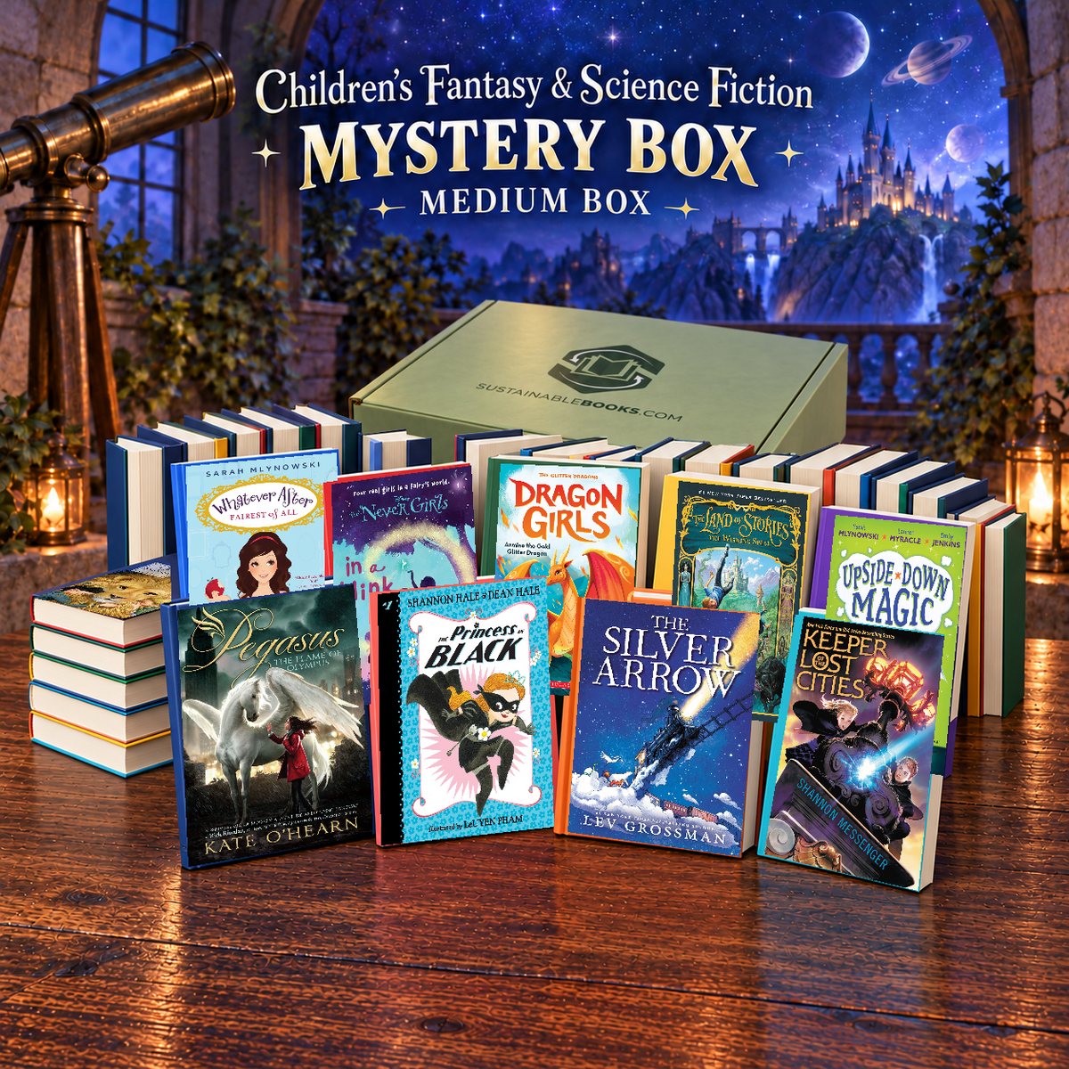 Children’s Fantasy & Science Fiction medium mystery box with example books. Titles and quantities vary.