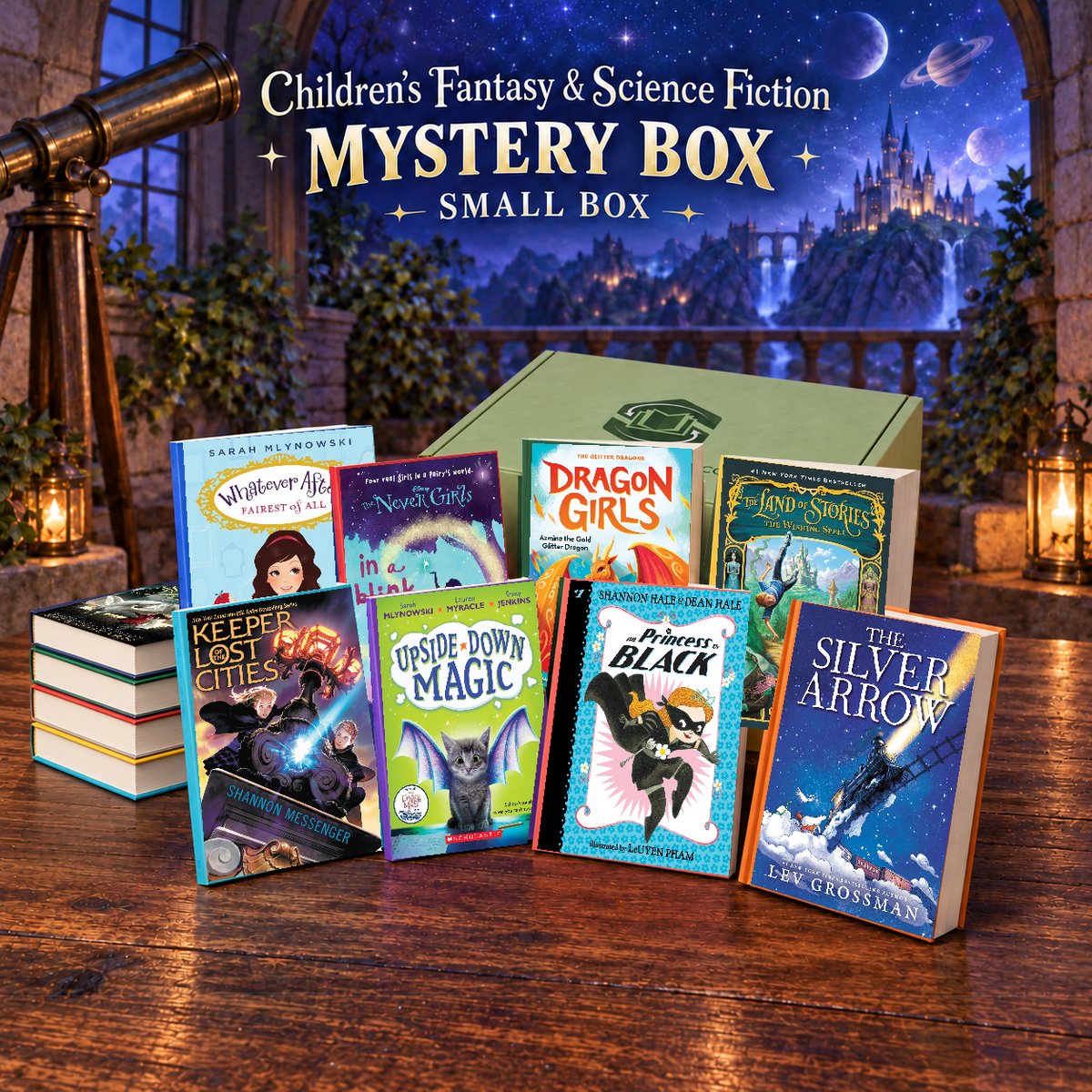 Children’s Fantasy & Science Fiction small mystery box with example books. Titles and quantities vary.