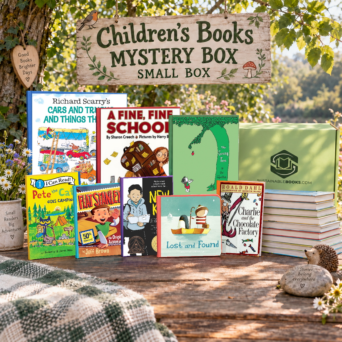 Children's Books small mystery box with example books. Titles and quantities vary.