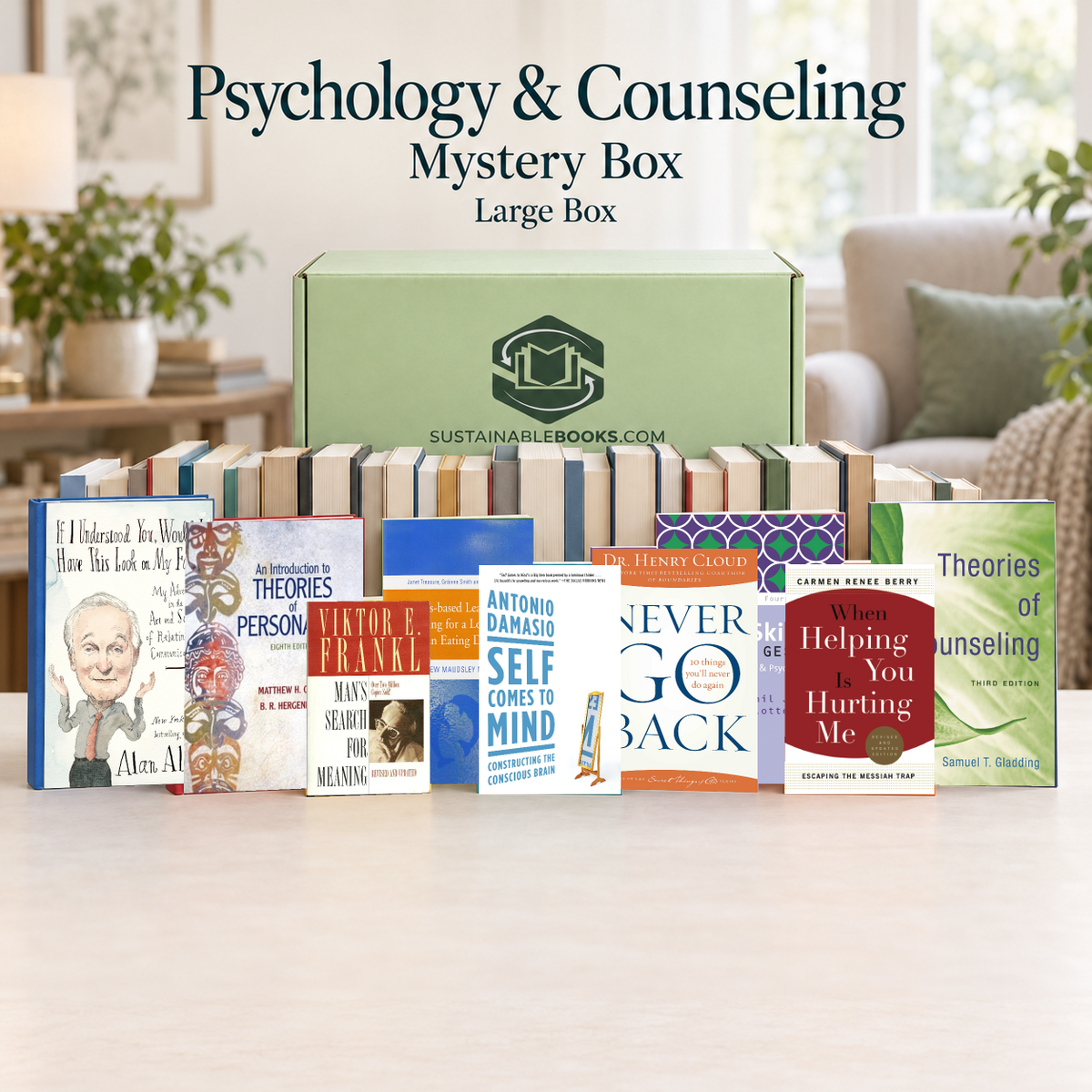 Psychology & Counseling large mystery box with example books. Titles and quantities vary.