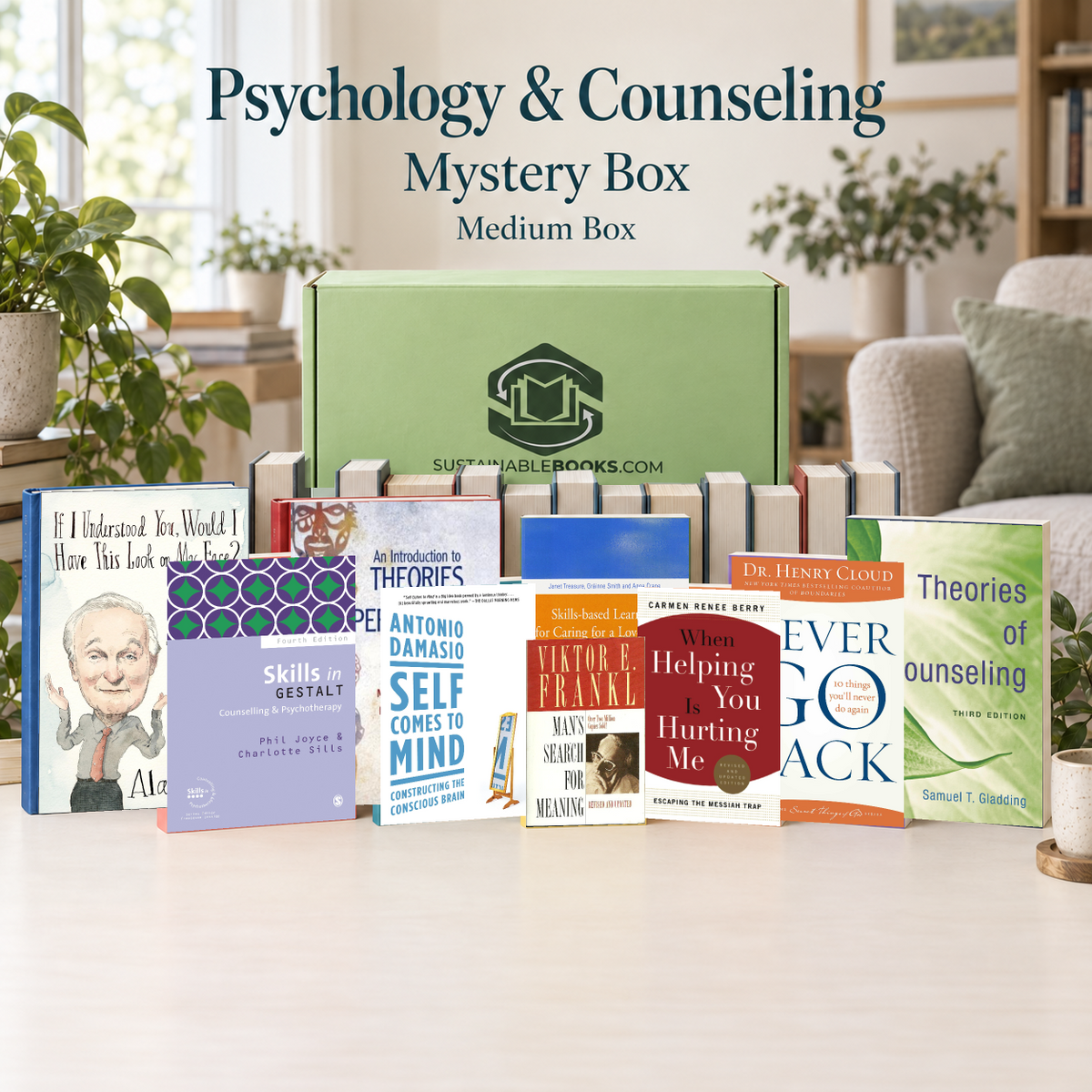 Psychology & Counseling medium mystery box with example books. Titles and quantities vary.