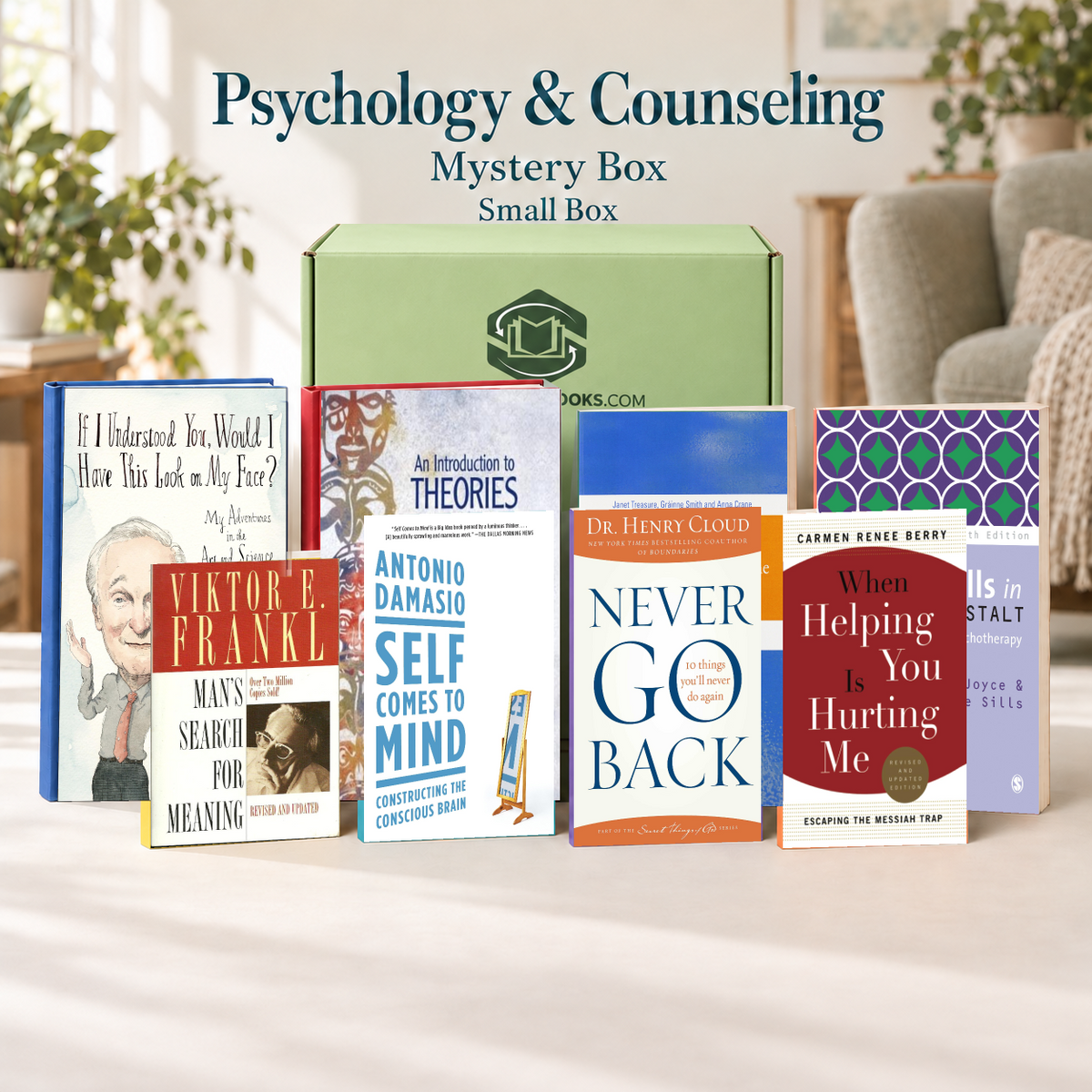 Psychology & Counseling small mystery box with example books. Titles and quantities vary.