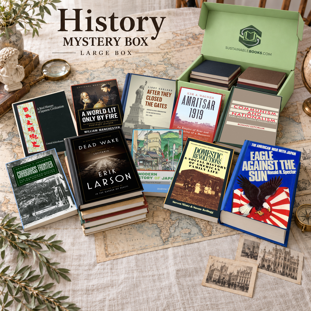 History large mystery box with example books. Titles and quantities vary.