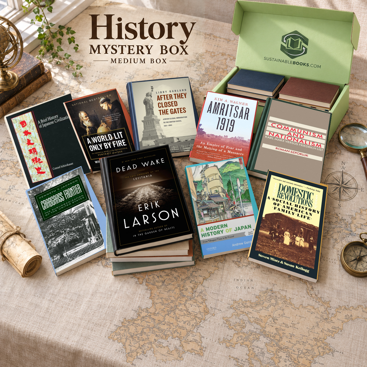 History medium mystery box with example books. Titles and quantities vary.
