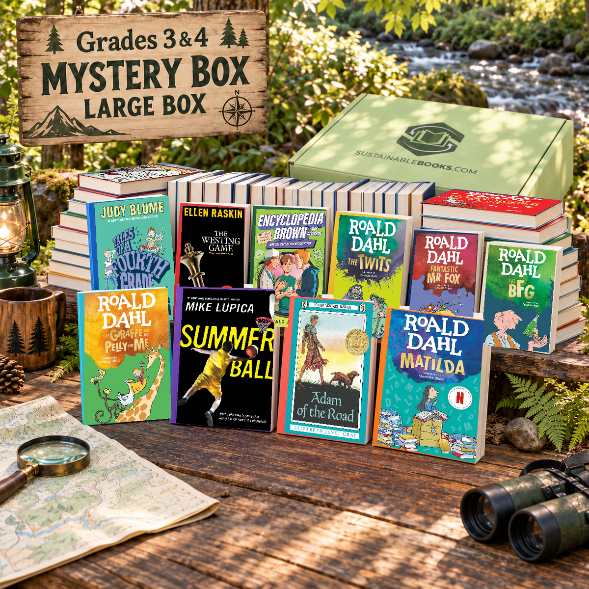Grades 3 & 4 large mystery box with example books. Titles and quantities vary.
