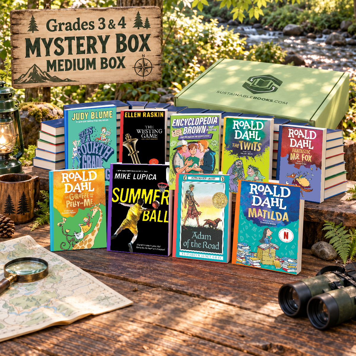 Grades 3 & 4 medium mystery box with example books. Titles and quantities vary.
