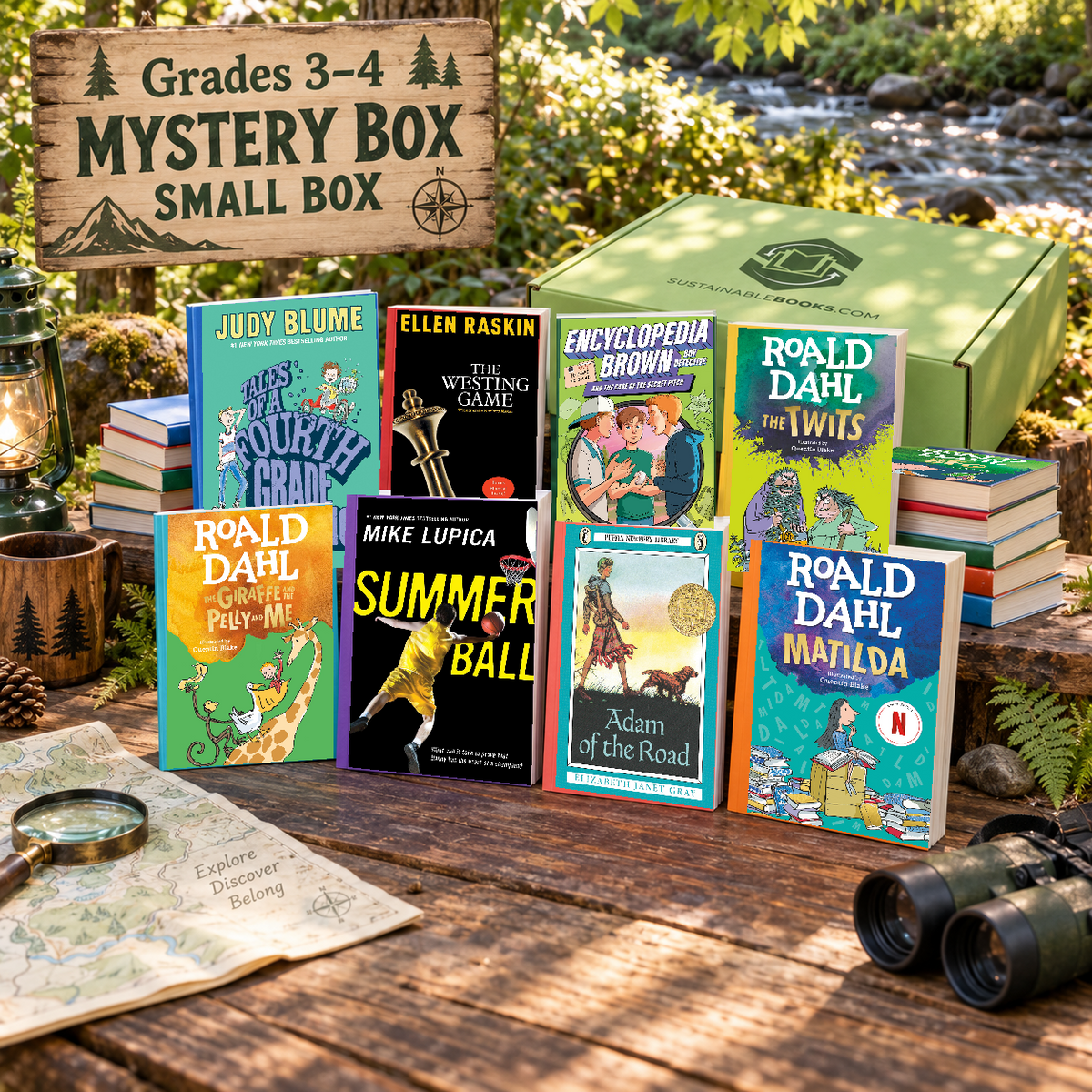 Grades 3 & 4 small mystery box with example books. Titles and quantities vary.