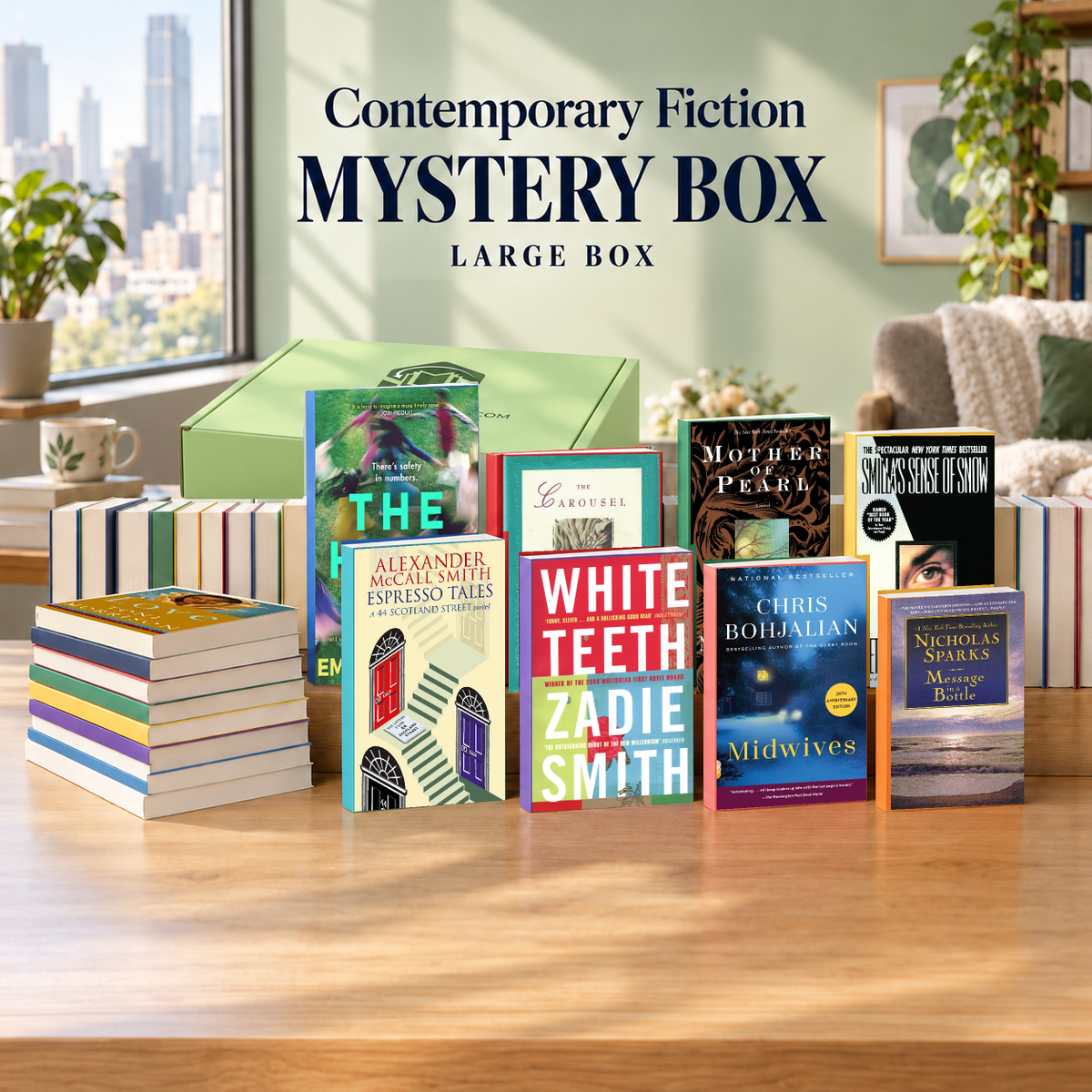 Contemporary Fiction large mystery box with example books. Titles and quantities vary.