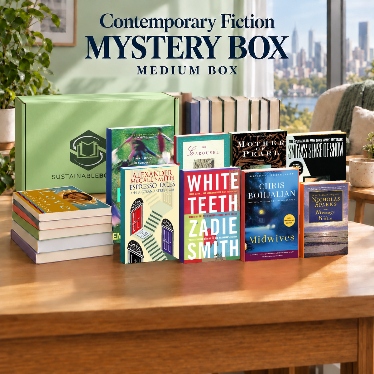 Contemporary Fiction medium mystery box with example books. Titles and quantities vary.