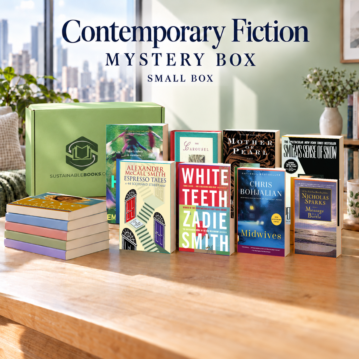 Contemporary Fiction small mystery box with example books. Titles and quantities vary.