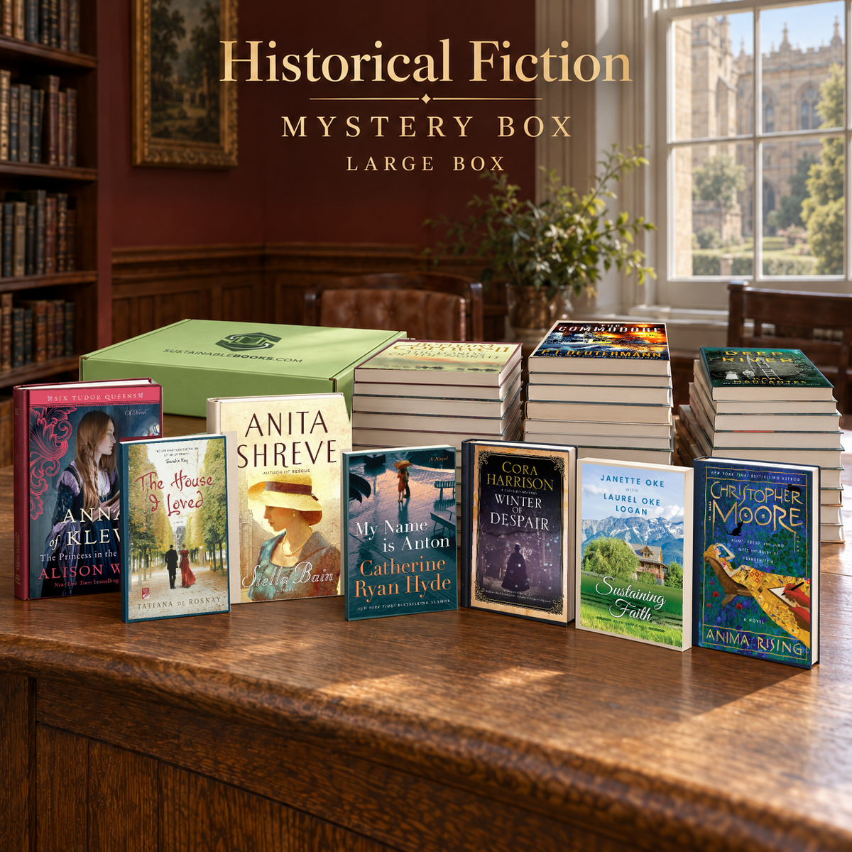 Historical Fiction large mystery box with example books. Titles and quantities vary.