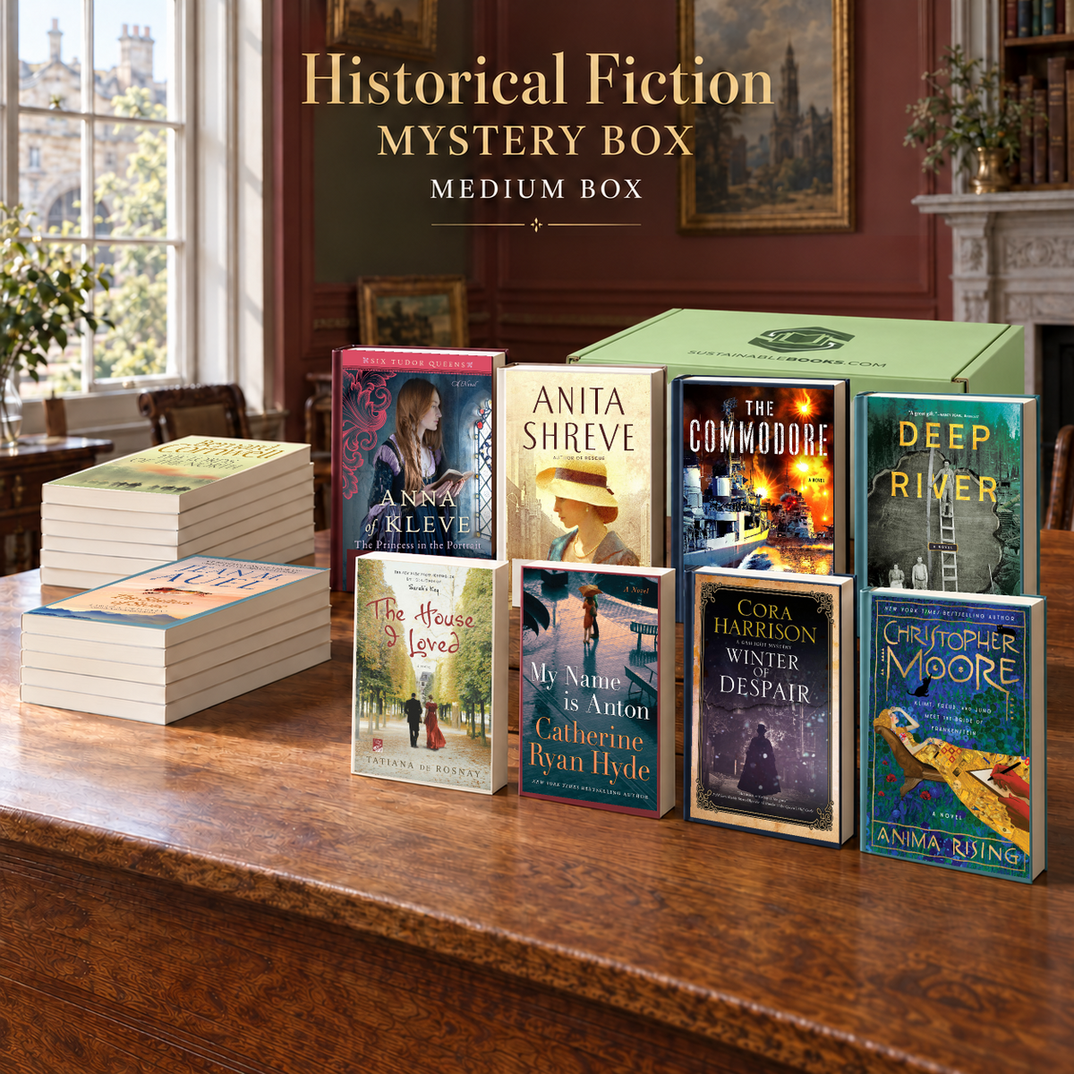 Historical Fiction medium mystery box with example books. Titles and quantities vary.