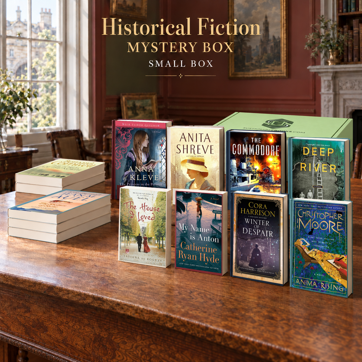 Historical Fiction small mystery box with example books. Titles and quantities vary.