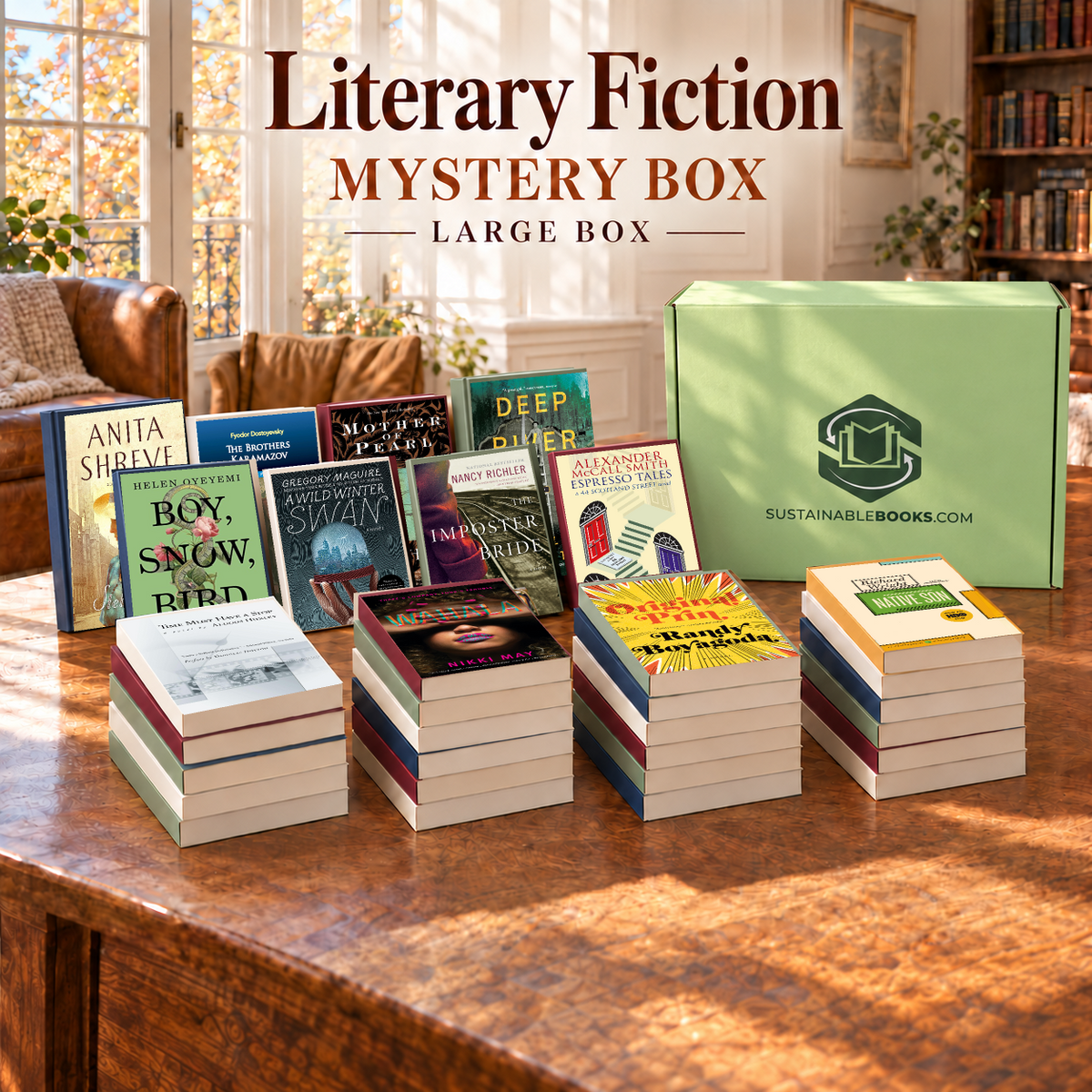 Literary Fiction large mystery box with example books. Titles and quantities vary.