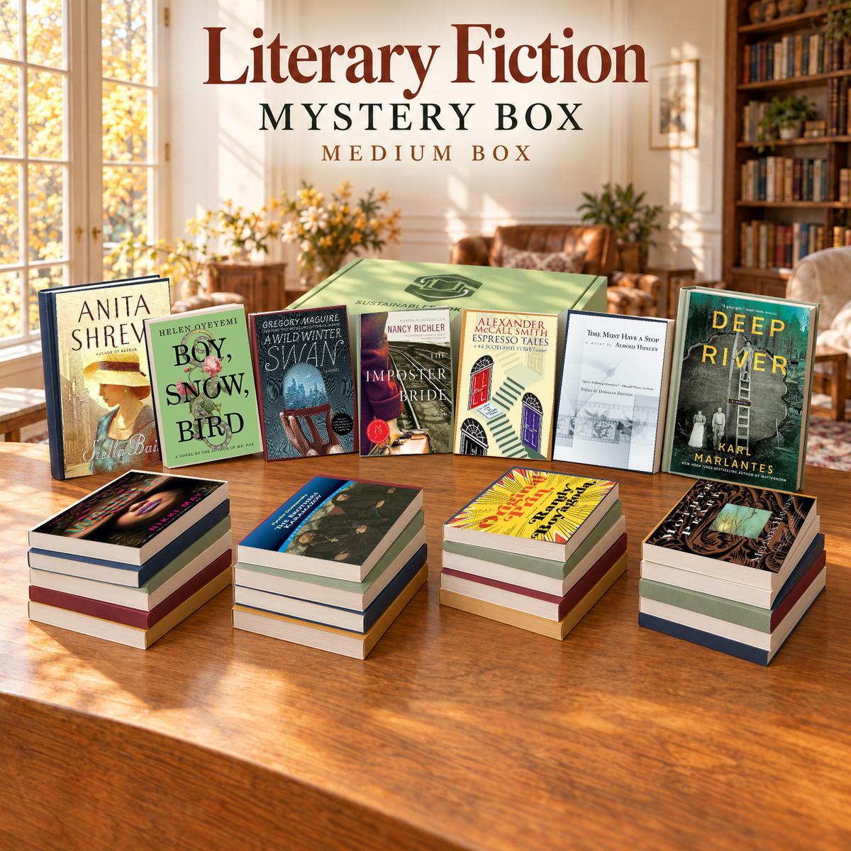 Literary Fiction medium mystery box with example books. Titles and quantities vary.