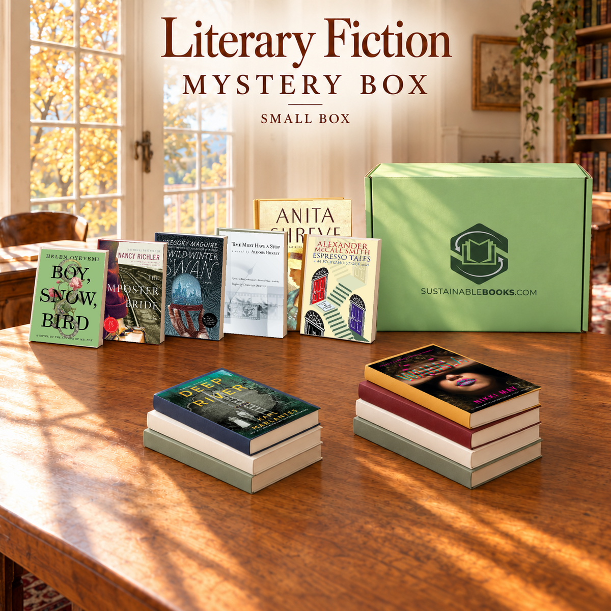 Literary Fiction small mystery box with example books. Titles and quantities vary.