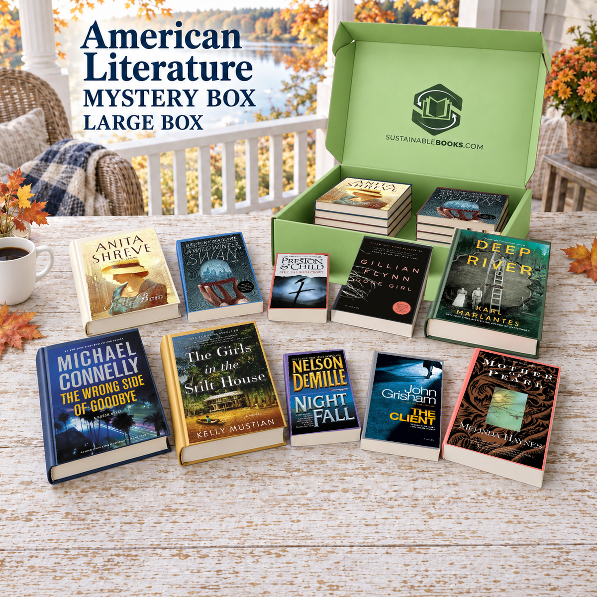 American Literature large mystery box with example books. Titles and quantities vary.
