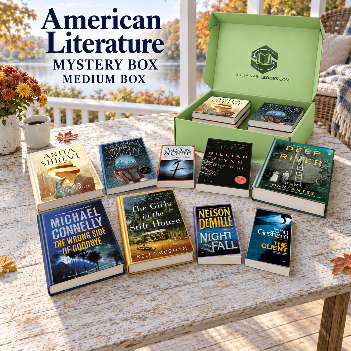American Literature medium mystery box with example books. Titles and quantities vary.