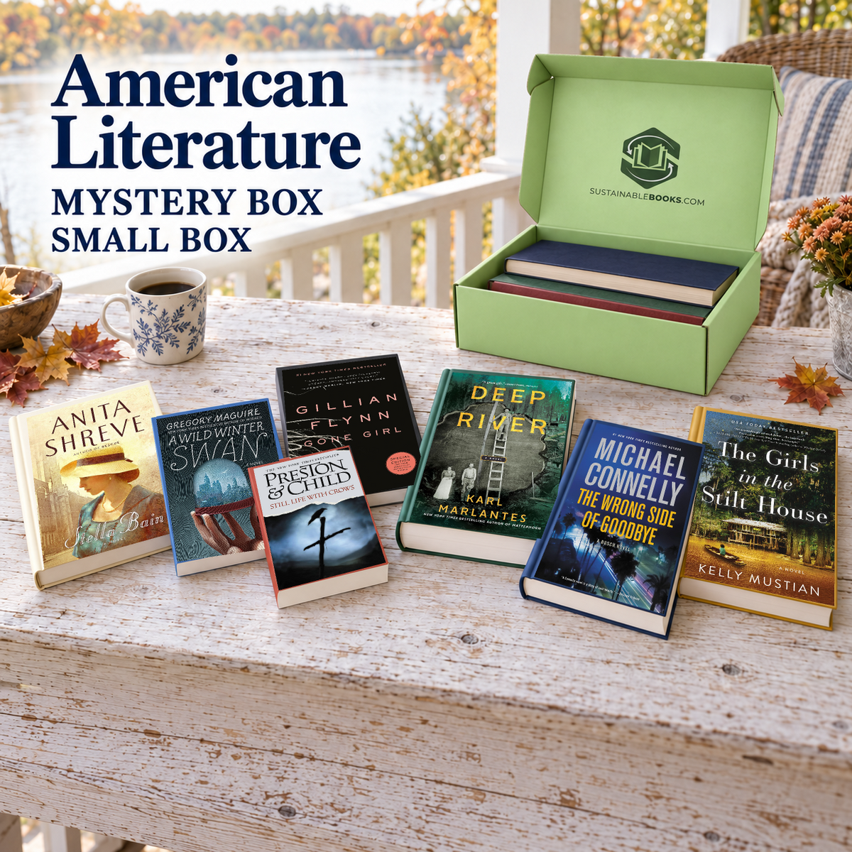 American Literature small mystery box with example books. Titles and quantities vary.