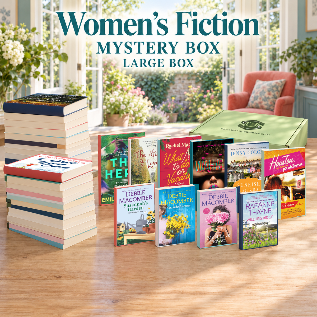 Women's Fiction large mystery box with example books. Titles and quantities vary.