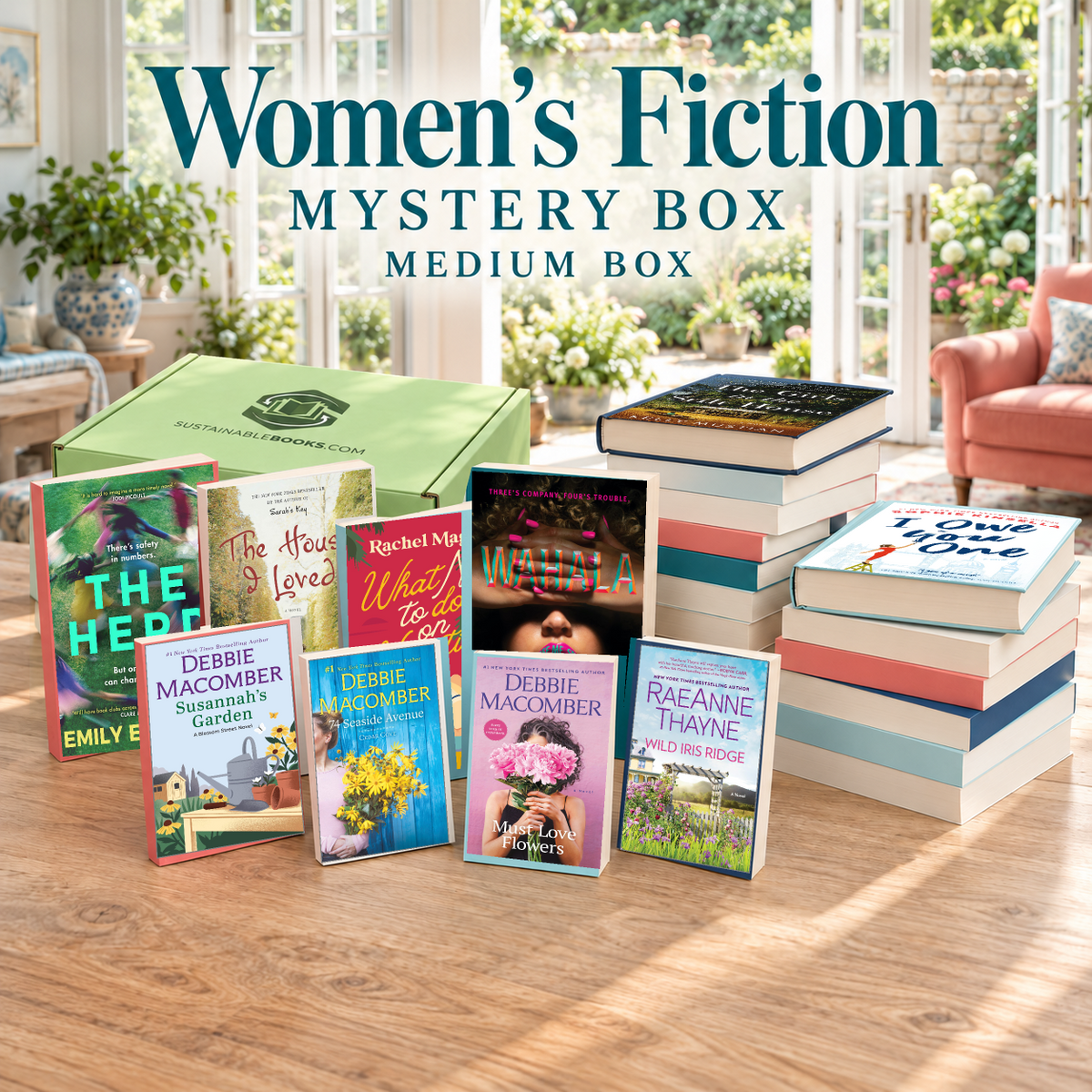 Women's Fiction medium mystery box with example books. Titles and quantities vary.
