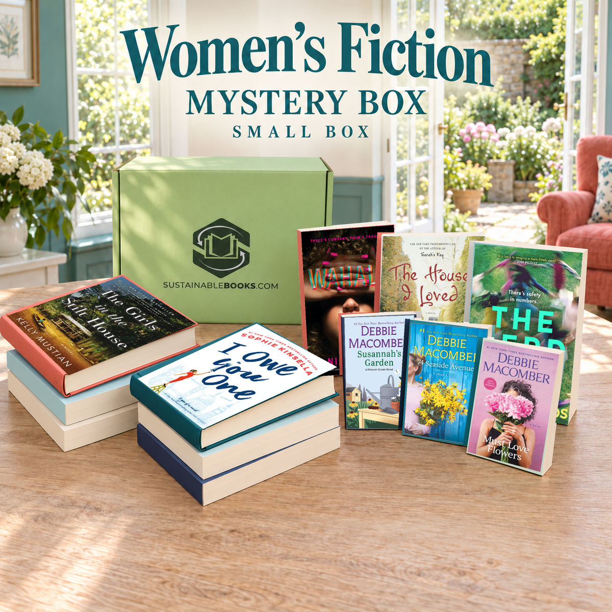 Women's Fiction small mystery box with example books. Titles and quantities vary.