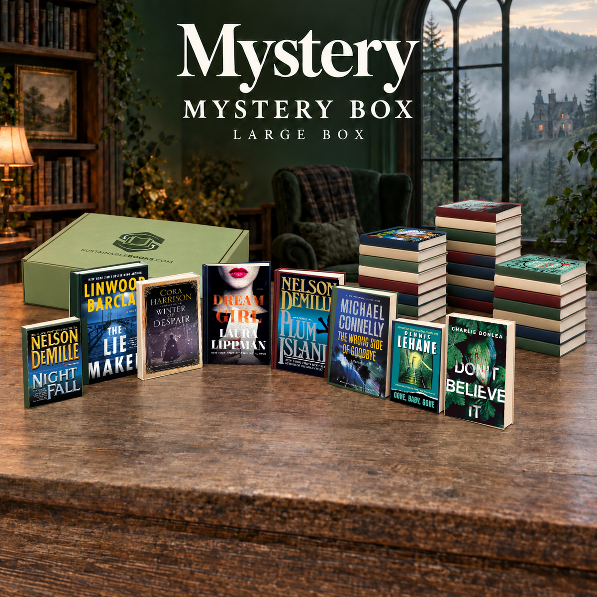 Mystery large mystery box with example books. Titles and quantities vary.