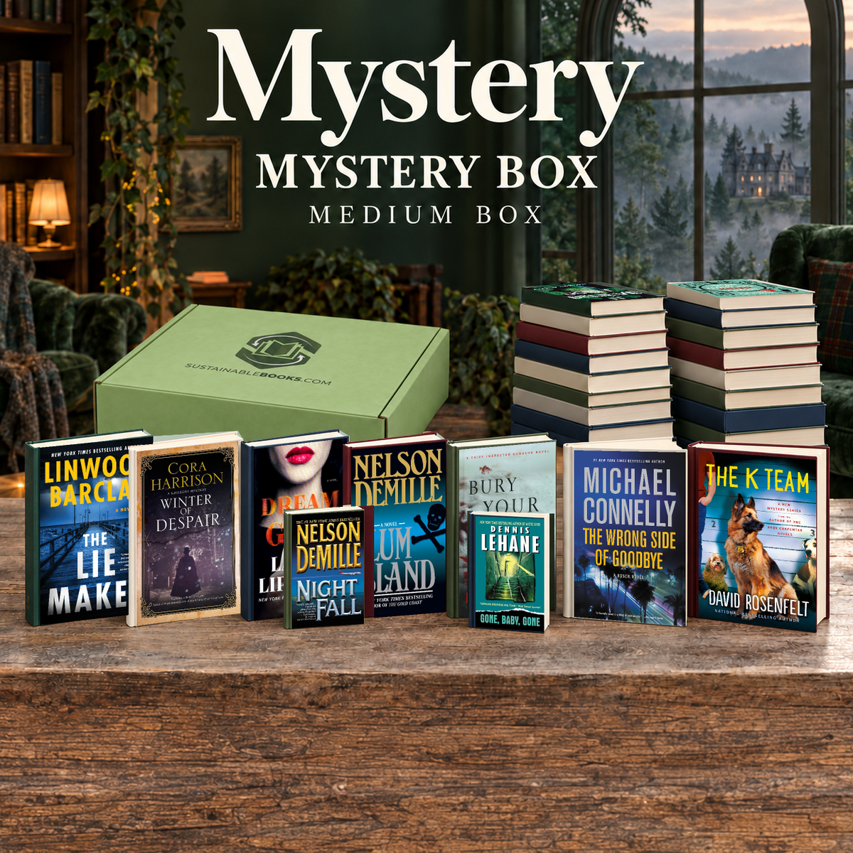 Mystery medium mystery box with example books. Titles and quantities vary.