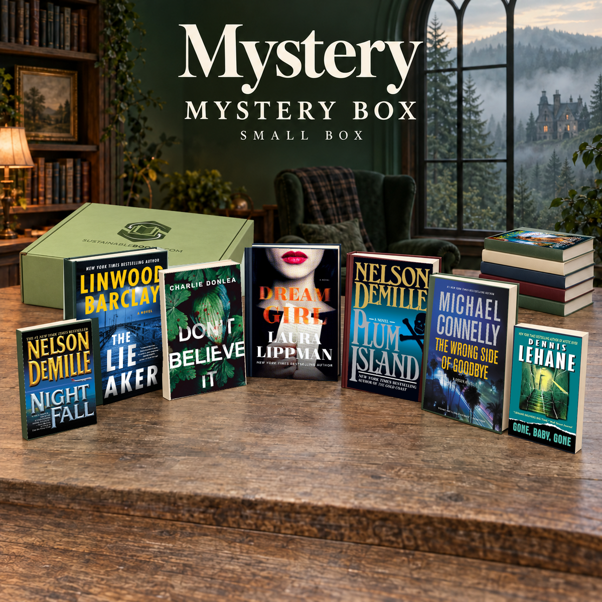 Mystery small mystery box with example books. Titles and quantities vary.