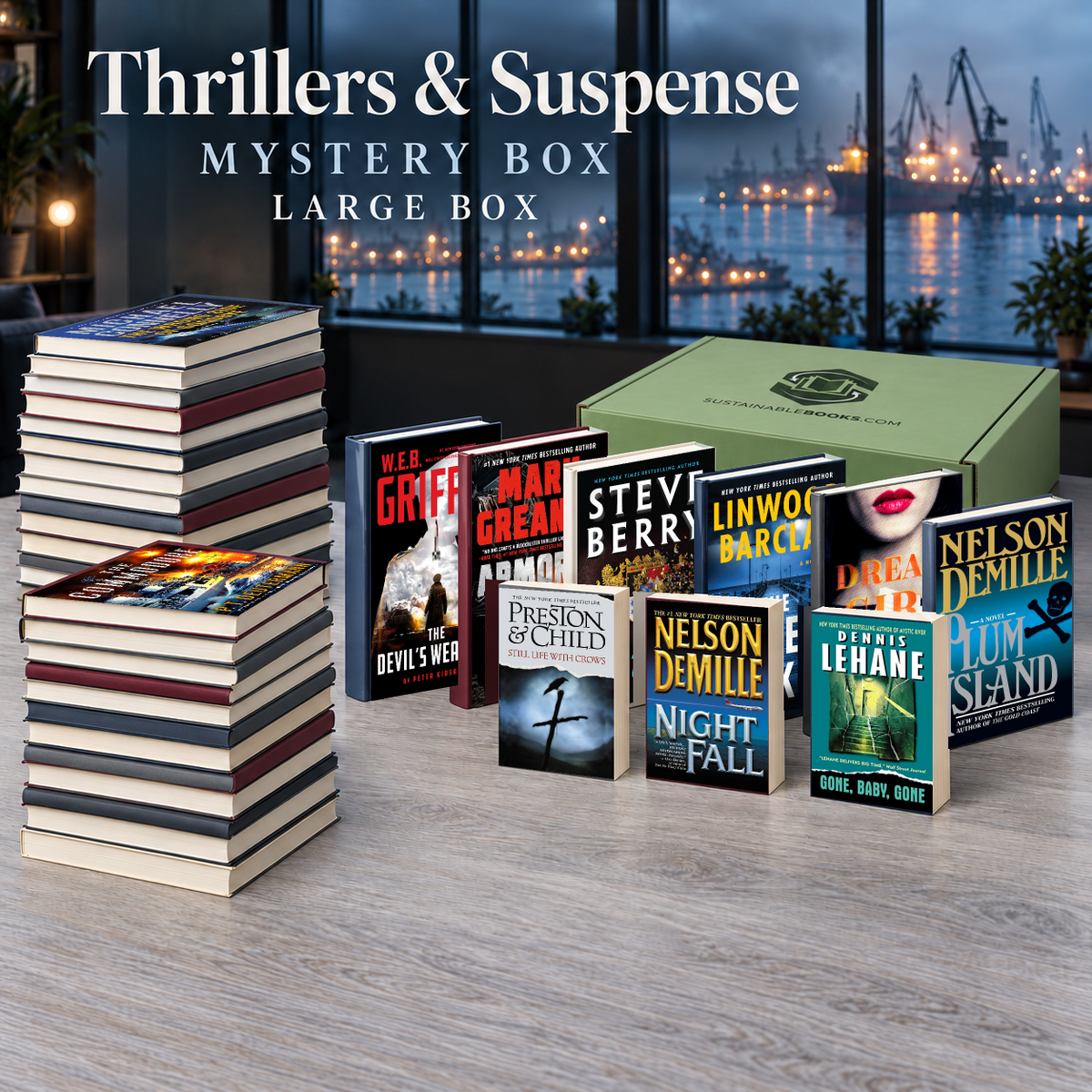 Thrillers & Suspense large mystery box with example books. Titles and quantities vary.